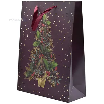 Lahjakassi viininpunaisella nauhasangalla, 30+12x40cm, kuusi viininpunaisella taustalla