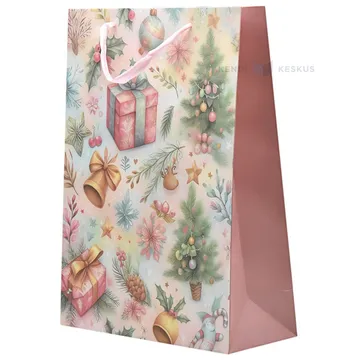 Paelsangaga õrnad roosad kingitused, kuused, kellukesed, lilled pildiga kinkekott 30+12x40cm