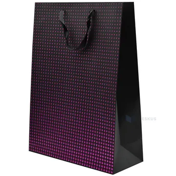 Purple dots print black paper bag with ribbon handles 30+12x40cm