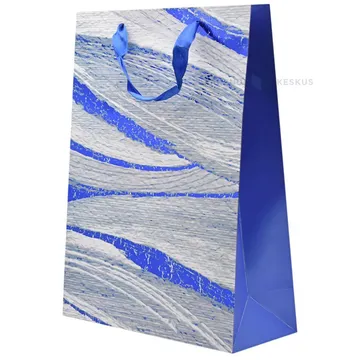 White and blue wide brush pattern print paper bag with ribbon handles 30+12x40cm