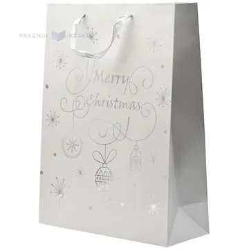 Silver Merry Christmas print white paper bag with ribbon handles 30+12x40cm