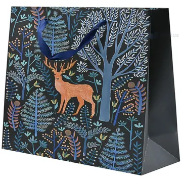 Lahjakassi sinisellä nauhasangalla, 32+11x26cm, metsä, ruskea peura tummansinisellä pohjalla