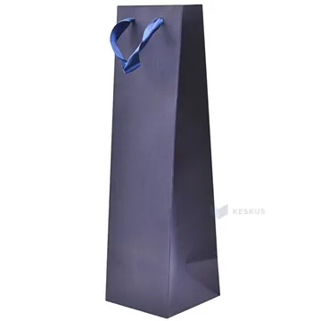 Dark blue paper bag with ribbon handles for wine 10,5+10,5x36cm