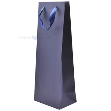 Dark blue paper bag with ribbon handles for wine 15+10x40cm