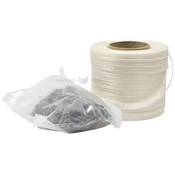 Tekstiilpakkelindi komplekt, kastis 200m 16mm laia linti + 80 klambrit