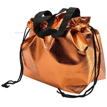 Metallic orange PP non-woven textile bag with drawstring handles 40+14x26cm