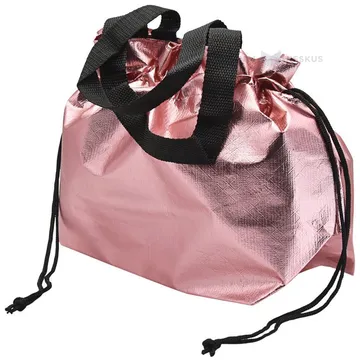 Metallic pink PP non-woven textile bag with drawstring handles 40+14x26cm