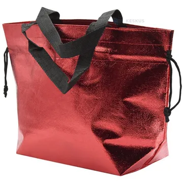 Metallic red PP non-woven textile bag with drawstring handles 40+14x26cm