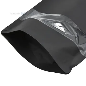 Чёрный матовый вертикально стоящий пакет с окошком 11+(2x3,5)x14см, в упаковке 50шт