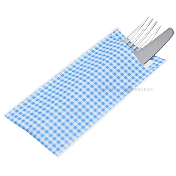 Blue-white square print cutlery pocket with 2-layered napkin 8,5+19cm, 100pcs/box