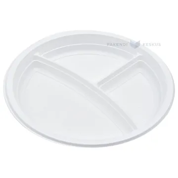 Reusable white plastic 3-compartment plate with arch separation 22cm PP 125x machine washable, 100pcs/pack